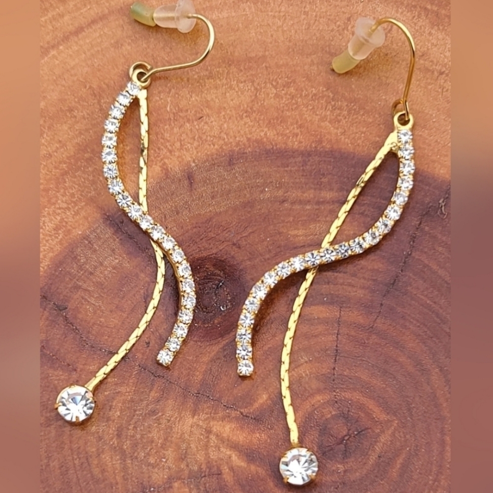 Goldtone Double Strand with Rhinestone Swirl Rhinestone Stud Dangle Earrings